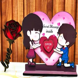 Home Delight White & Red Girl Proposing Printed Wooden Showpiece & Rose Magnet-image-2