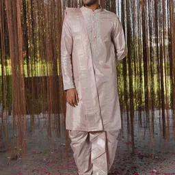 HILO DESIGN Kanjivaram Yoke Design Mandarin Collar Pure Silk Kurta & Dhoti & Dupatta-image-65
