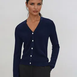 Stylecast X Kotty Women Cotton V-Neck Self Design Open Knit Cardigan-image-86