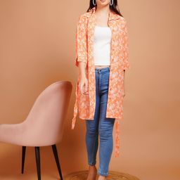 Boholyfe Floral Printed Shirt Collar Longline Open Front Shrug With Belt-9