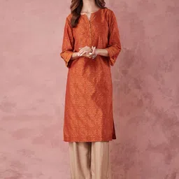Fabindia Ethnic Motifs Printed Regular Cotton Silk Straight Kurta-image-100