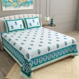 bella casa Teal Floral 180 TC Cotton 1 Double King Size Bedsheet with 2 Pillow Covers-picture-9