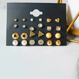 PolluxCraftSet Of 12 Korean Gold Plated Pearls Contemporary Studs-23