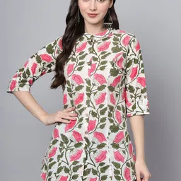 BAESD Floral Print Mandarin Collar Roll-Up Sleeves Ethnic Cotton Top-picture-22