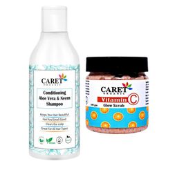 CARET ORGANIC 2Pcs Aloevera & Neem Shampoo - 300 ml& Vitamin C Glow Scrub - 100 g-3