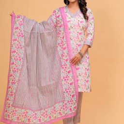 TANISHA Floral Printed V-Neck Straight Kurta with Trousers & Dupatta-image-92