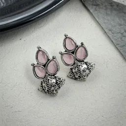 NAMAN ARTS Silver-Plated Stones Studded & Beaded Teardrop Shaped Oxidised Studs-0