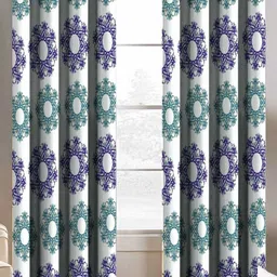 Aura White & Blue 2 Pieces Floral Printed Window Curtains-image-89