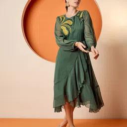 Antheaa Puff Sleeve Chiffon A-Line Midi Dress-picture-54