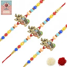 MEIRA JEWELLERY Set Of 3 Beaded Radha Krishna Rakhi Comes with Roli Chawal & Greeting Card-image-87