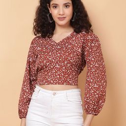 ROSEMELON Floral Print Puff Sleeve Crepe Crop Top-image-64