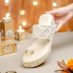 NR By Nidhi Rathi Beige Embellished Wedge Heels-image-93