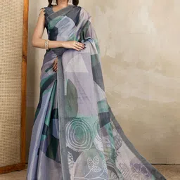 HERE&NOW Grey Printed Art Silk Block Print Sarees-picture-3