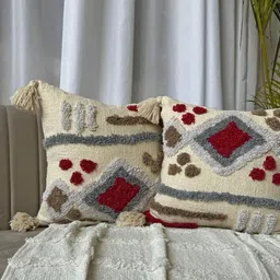EXPORT HOUSE Off White & Red Set of 5 Geometric Square Cushion Covers image 2