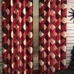 BELLA TRUE Red & White 2 Pieces Geometric Ripple Fold Long Door Curtains-image-57