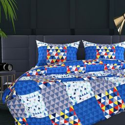 Aura Blue & White Geometric 350 TC King Bedsheet with 2 Pillow Covers-image-73