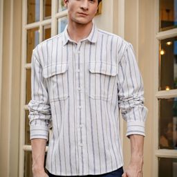 HERE&NOW Men Spread Collar Vertical Striped Cotton Casual Shirt-picture-38