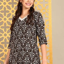 Anouk Coffee Brown Floral Printed V-Neck Straight Kurta-28
