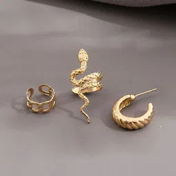 FIMBUL Set Of 3 Gold-Plated Geometric Snake Shaped 3 Pieces Stud And Ear Cuff Earrings-image-39