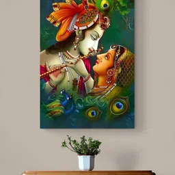 Tushaco Handicrafts Green & Orange 1 Piece Radha Krishna Religious Canvas Wall Art-image-97