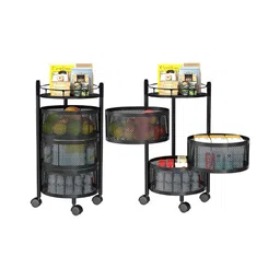 Aura Black 2 Pieces Rotating 3-Layer Multipurpose Storage Rack Trolley with Wheels image 5