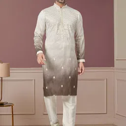 OUTLUK Ombre Embroidered Mandarin Collar Sequinned Pure Silk Kurta With Pyjamas-picture-41