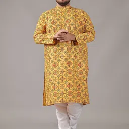 SOJANYA PLUS Size Ethnic Motifs Printed Band Collar Cotton Linen Straight Kurta-2