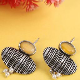 PUJVI Silver-Toned Artificial Stones Studded Oxidised Cotemporary Drop Earrings-33