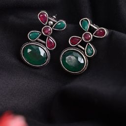 PUJVI Silver-Plated Artificial Stones Studded Oval Shaped Drop Earrings-7