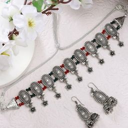 Sangria Women Silver-Plated Choke Oxidized Necklace with Jhumka Earrings-29