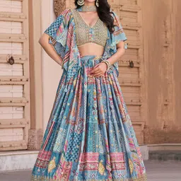 FABPIXEL Prrinted Zari Chinnon Silk Semi-Stitched Lehenga & Unstitched Blouse With Dupatta-image-37