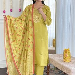 Twika Floral Embroidered Notch Neck Chanderi Silk Straight Kurta With Trousers & Dupatta-picture-23
