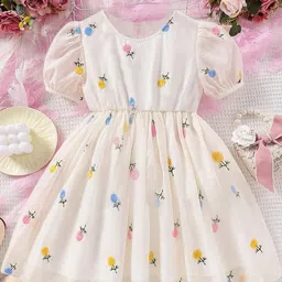 TIOR Girls Floral Print Puff Sleeve A-Line Dress-picture-6