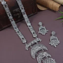I Jewels Silver Plated Oxidised Ghungroo Jewellery Set-image-98