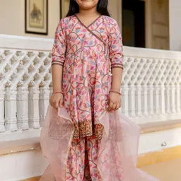 Sangria Girls Festive Printed Angrakha Muslin Kurta & Sharara With Dupatta-image-21