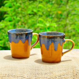 StyleMyWay Studio Pottery Set Of 2 Gold-Toned & Blue Ceramic Coffee Mugs 300 ML-35
