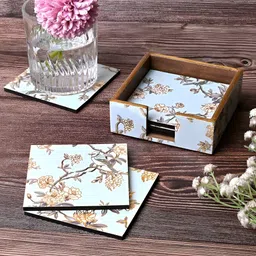 Storepedia 6 Pieces Blue & Gold-Toned Floral Printed Square Wooden Coasters With Stand-54
