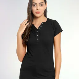 Boldwink Women V-Neck Applique Slim Fit T-shirt-image-19
