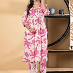 Readiprint Floral Printed Square Neck Pure Cotton Kurta With Trousers-5
