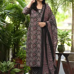KALINI Ethnic Motifs Printed Thread Work Pure Cotton Kurta With Palazzo & Dupatta-18