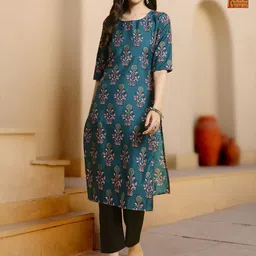 HERE&NOW Selection Of 2 Floral Printed Round Neck Straight Kurta With Trousers-picture-14