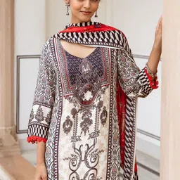 Anouk Black and White Ethnic Motifs Printed V-Neck Kurta with Trouser & Dupatta-3