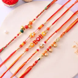 Aapno Rajasthan Set of 5 Stone-Studded & Beaded Thred Rakhi Gift Set-16