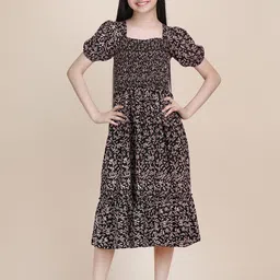 Pinly Floral Print Puff Sleeve Crepe Fit & Flare Midi Dress-picture-43