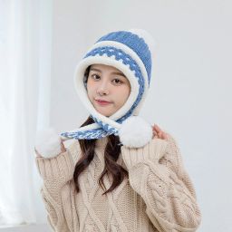 Cute warm soft fur inside with earflap three pom-pom knitted women winter cap Woven Beanie-15