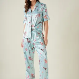 The Kaftan Company Women Printed Lapel Collar Satin Night suit-picture-19