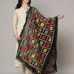 MUFFLY Checked Mirror Work Chiffon Phulkari Dupatta-26