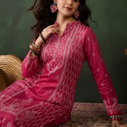 Sangria Floral Woven Design Straight Winter Kurta With Trousers-image-5