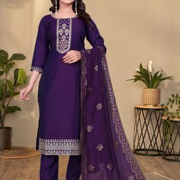 HERE&NOW Women Embroidered Regular Pure Silk Kurta with Trousers & With Dupatta-picture-33