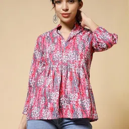 Womenster Women Floral Print Mandarin Collar Cotton Top-picture-45